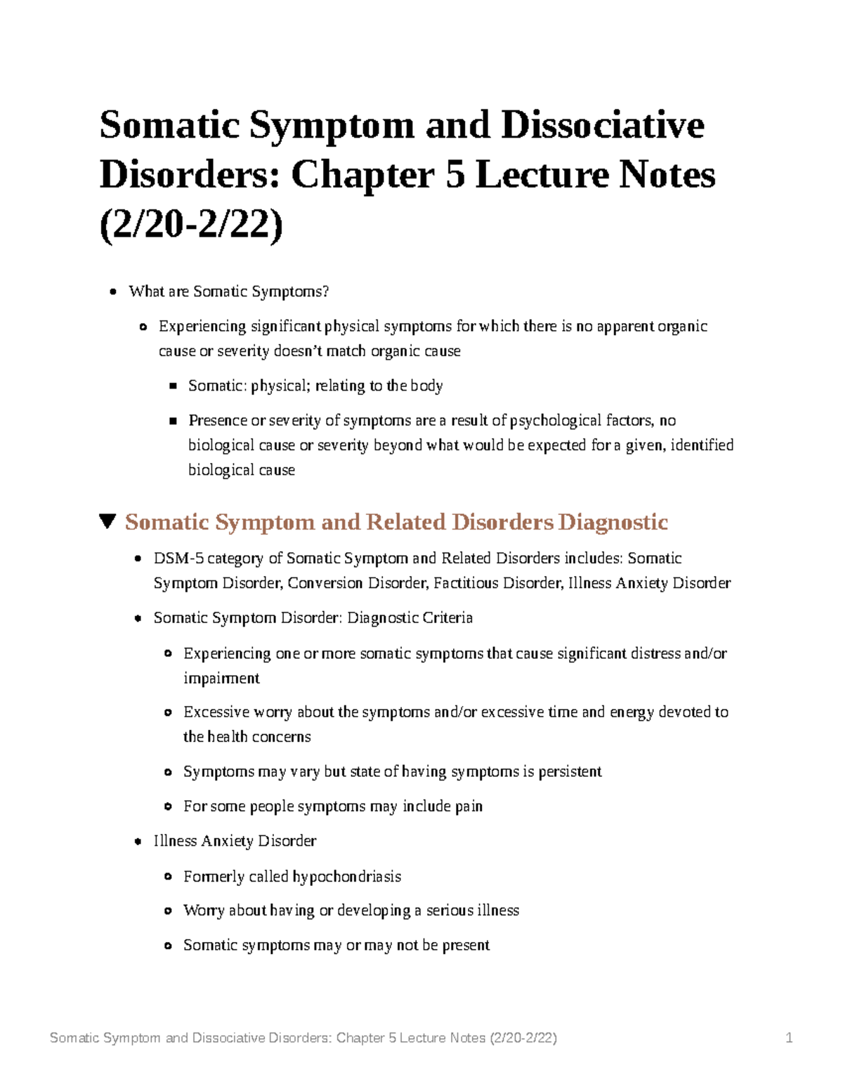 Somatic Symptom and Dissociative Disorders Chapter 5 Lecture Notes ...