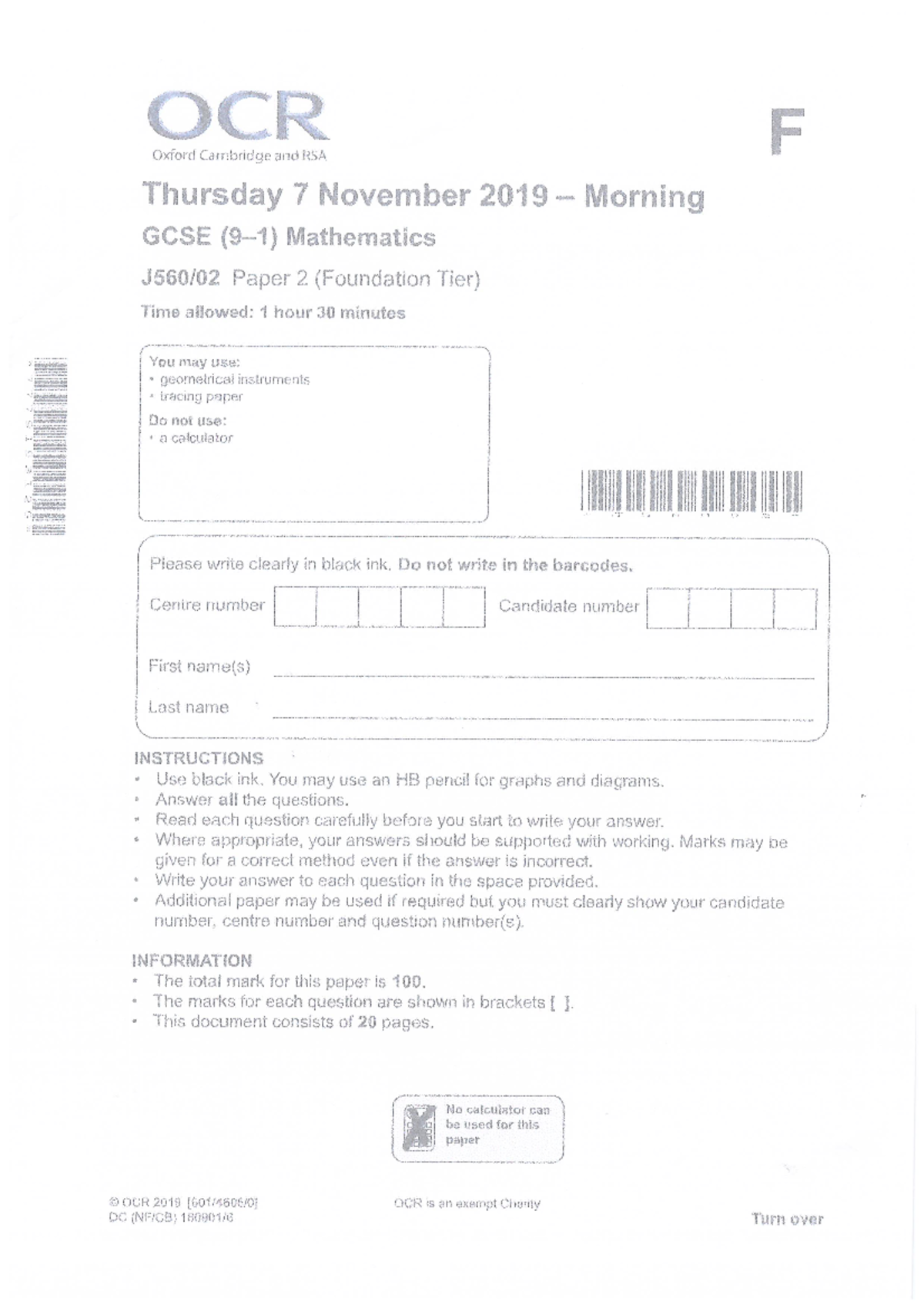 OCR GCSE Maths November 2019 Paper 2 Foundation - MATH 4083 - Studocu