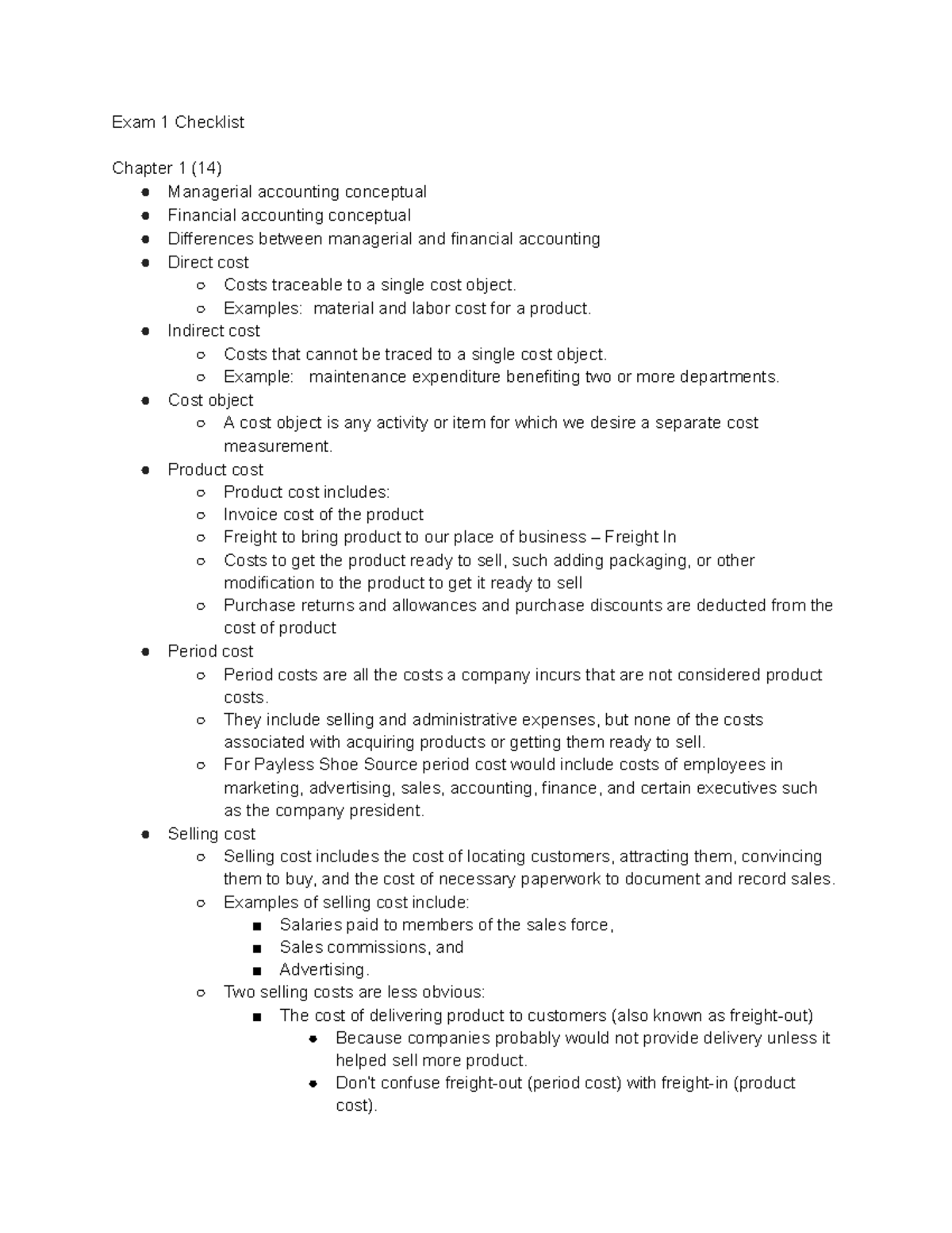 ACC212 Managerial Accounting Exam 1 Study Guide - Exam 1 Checklist ...