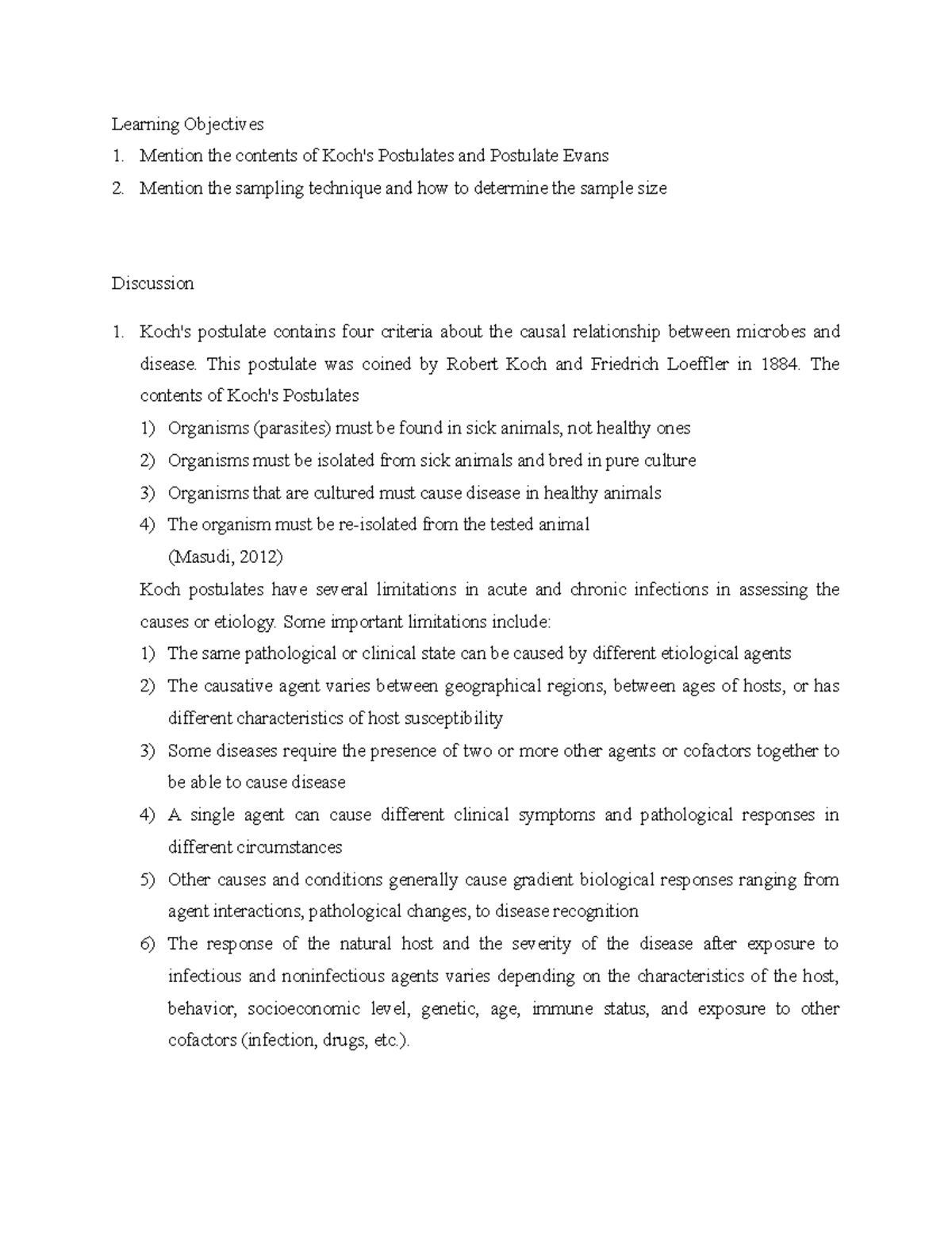 Epidemiology - Learning Objectives 1. Mention the contents of Koch's ...