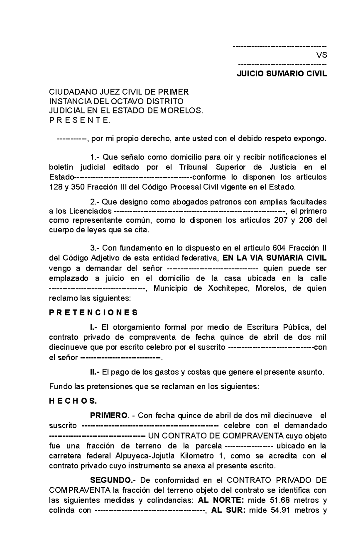 Demanda CIVIL, OTORGAMIENTO Y FIRMA DE ESCRITURA - VS - JUICIO SUMARIO  CIVIL CIUDADANO JUEZ CIVIL DE - Studocu