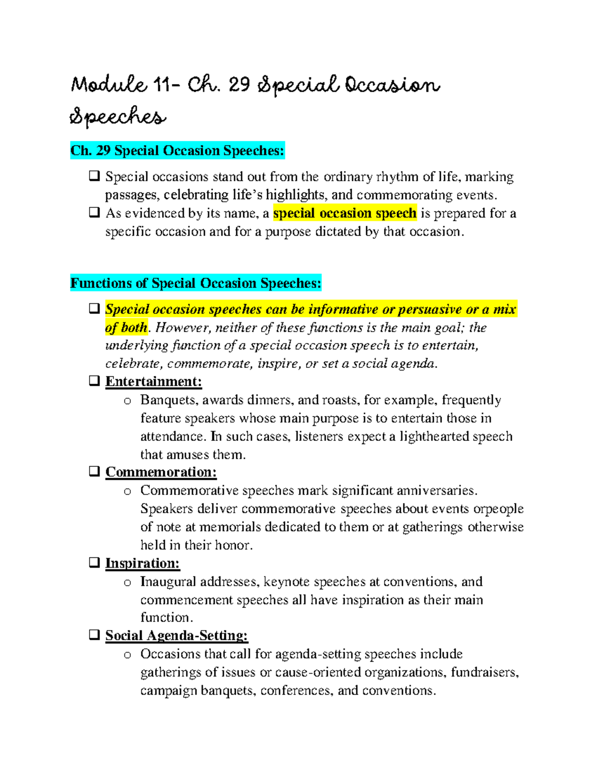 Public Speaking Notes 15 - Module 11- Ch. 29 Special Occasion Speeches ...
