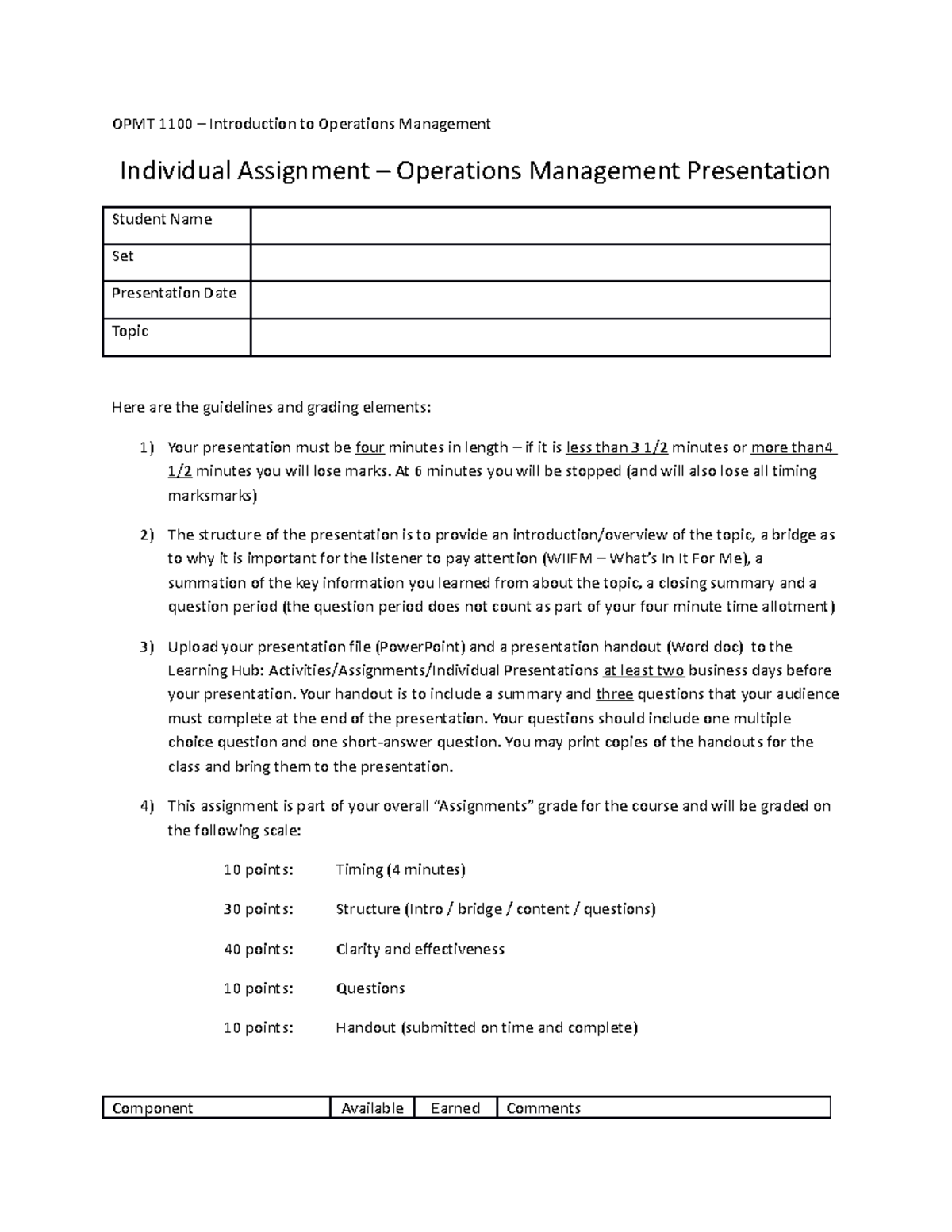 Presentation Grade Sheet OPMT 1100 Introduction to Operations