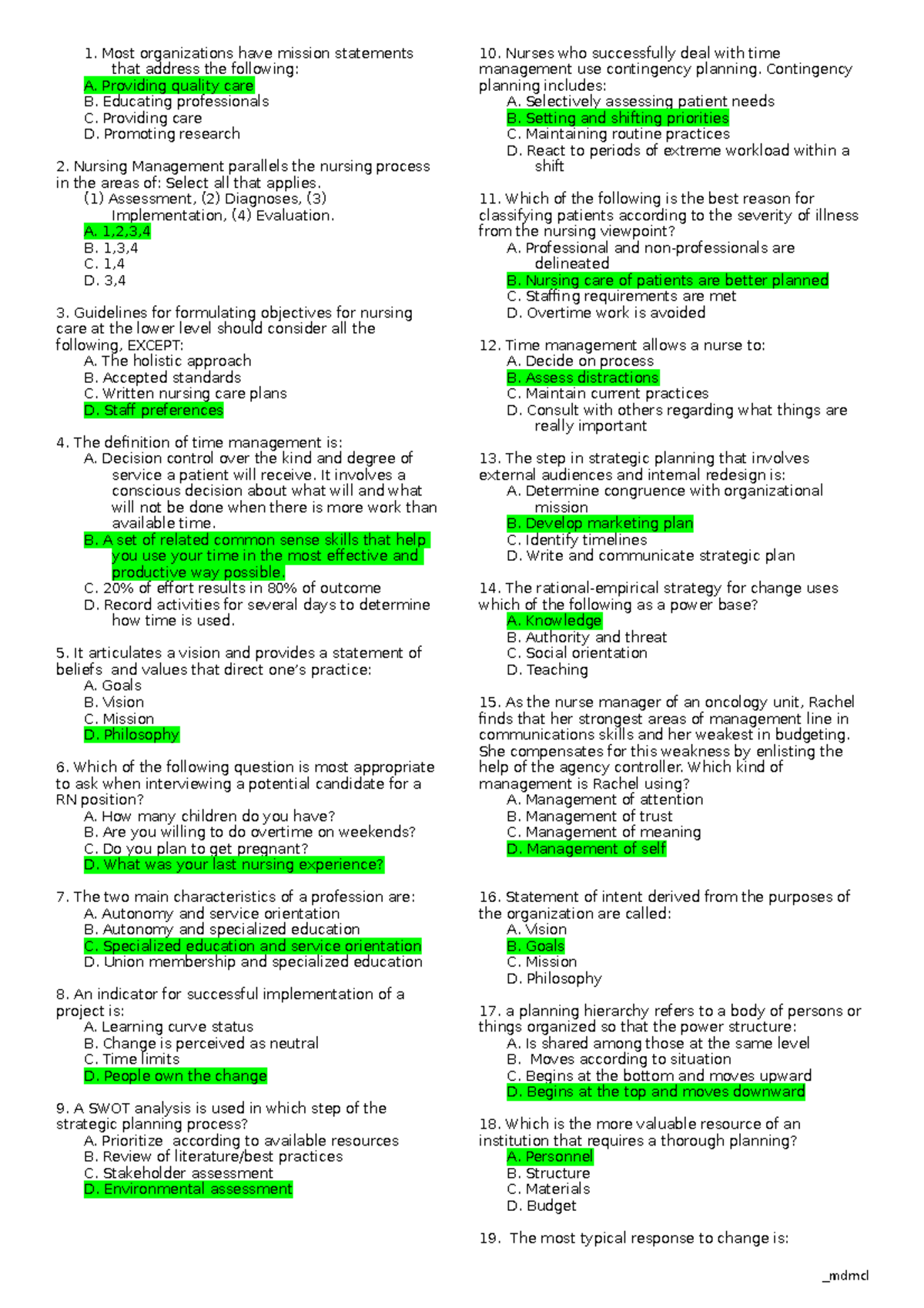 119 week 4 quiz BSN 4 Most organizations have mission statements