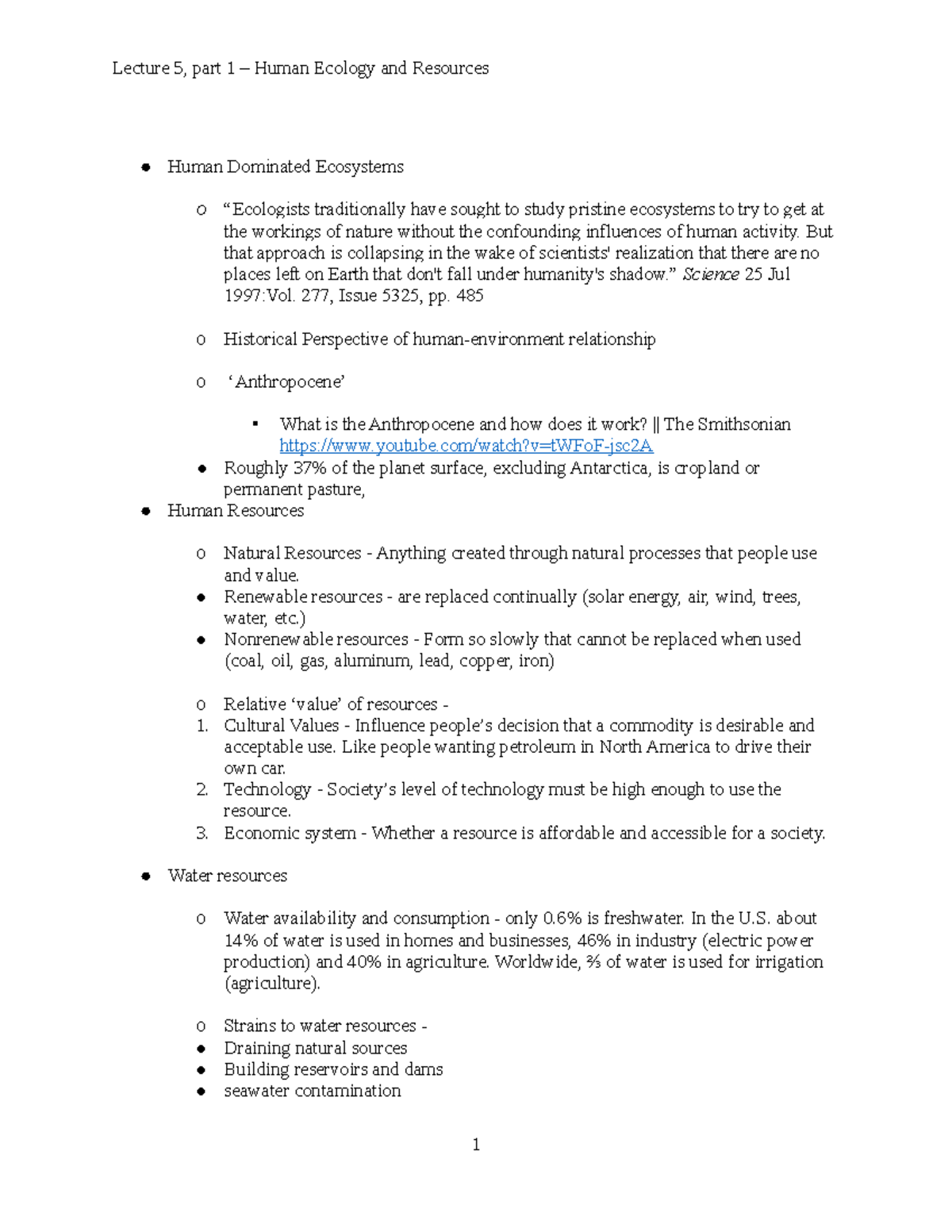 Chapter 5 part 1 - Lecture notes 5 - Lecture 5, part 1 – Human Ecology ...