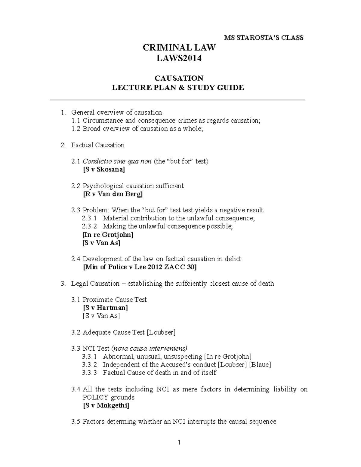 Criminal Law Causation Lecture Plan Study Guide - MS STAROSTA’S CLASS ...