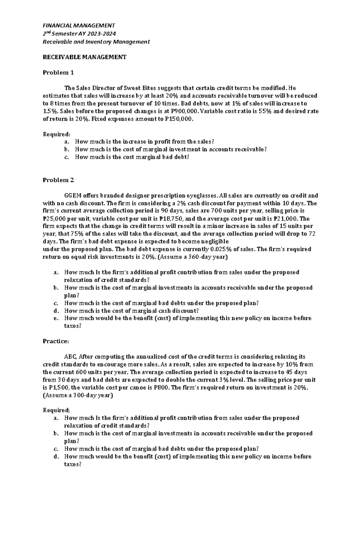 Receivable-Management - FINANCIAL MANAGEMENT 2 nd Semester AY 2023 ...