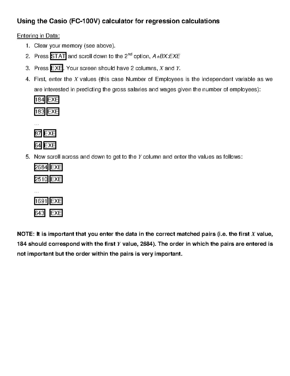 Using the Casio calculator for regression calculations Using the
