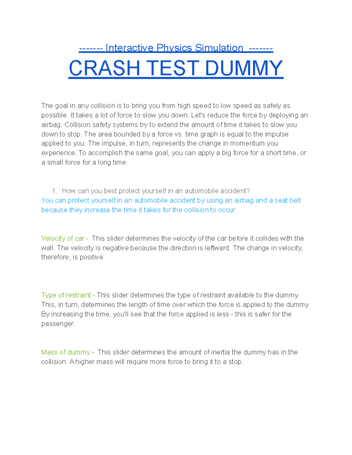 Crash Test Dummy Interactive Interactive Physics Simulation CRASH