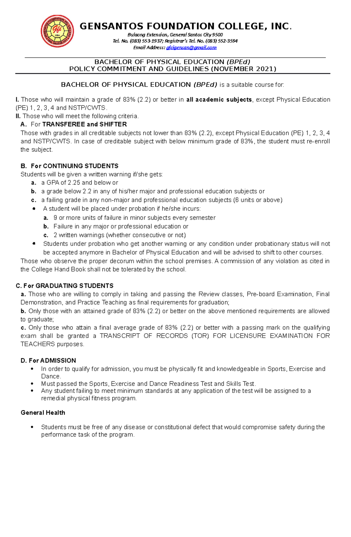 Revised Policy Commitment - GENSANTOS FOUNDATION COLLEGE, INC. Bulaong ...