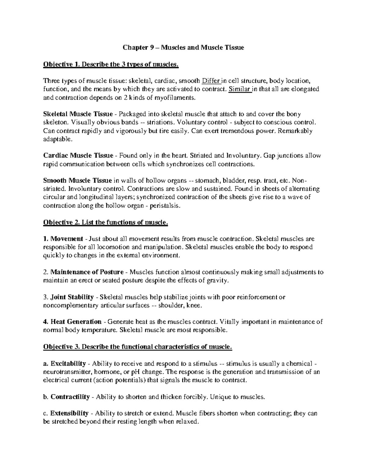 Chapter 9 notes - Chapter 9 – Muscles and Muscle Tissue Objective 1 ...