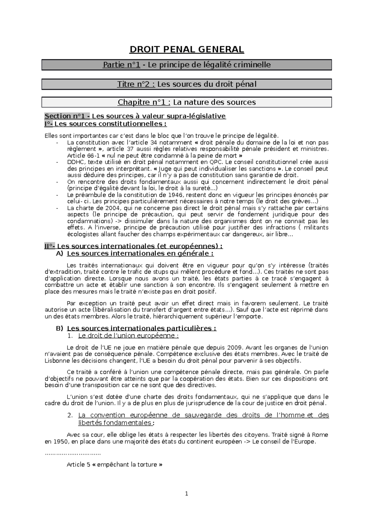 Titre n°2 - Les sources du droit pénal - DROIT PENAL GENERAL Partie n°1 ...