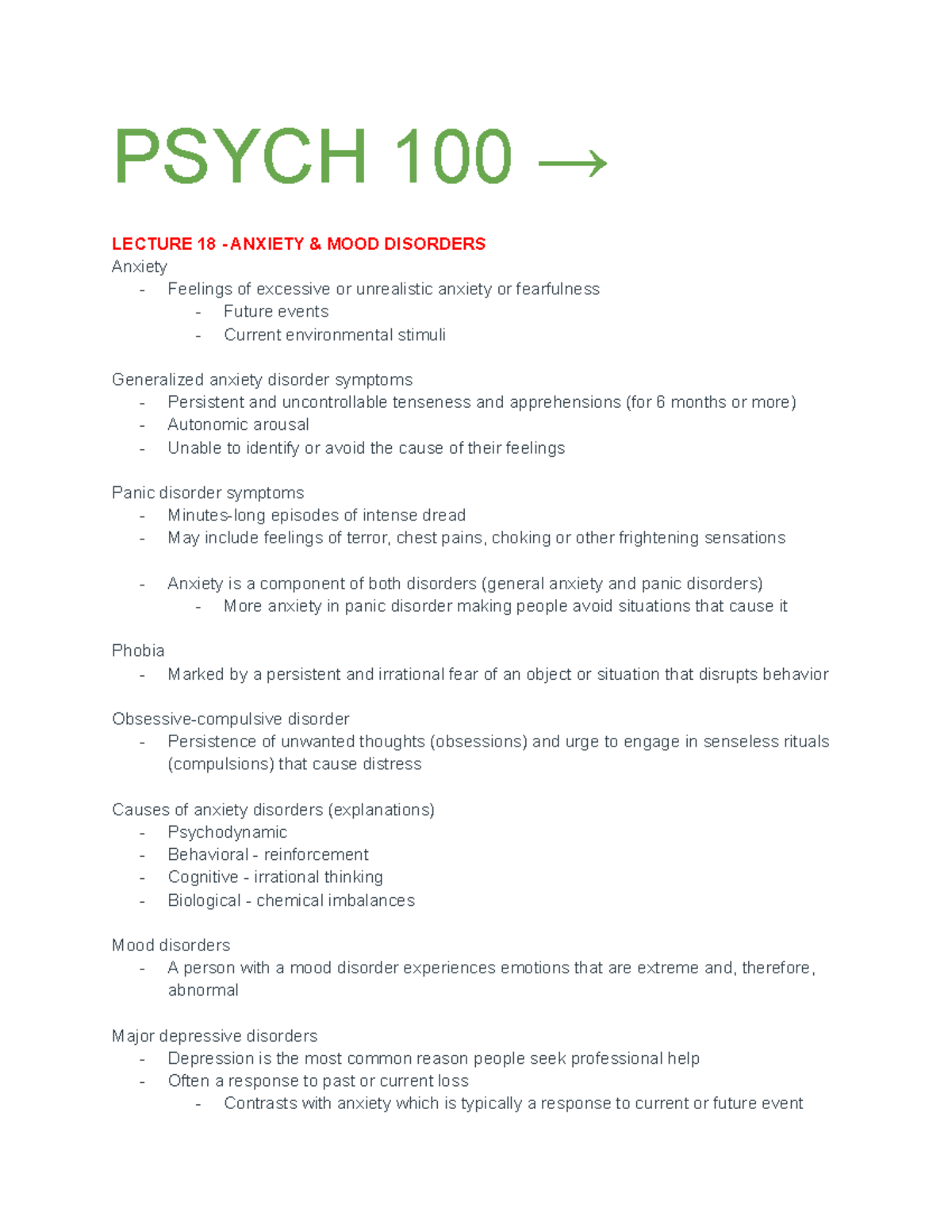 PSYCH 100 (2) - Lecture Notes - PSYCH 100 → LECTURE 18 - ANXIETY & MOOD ...