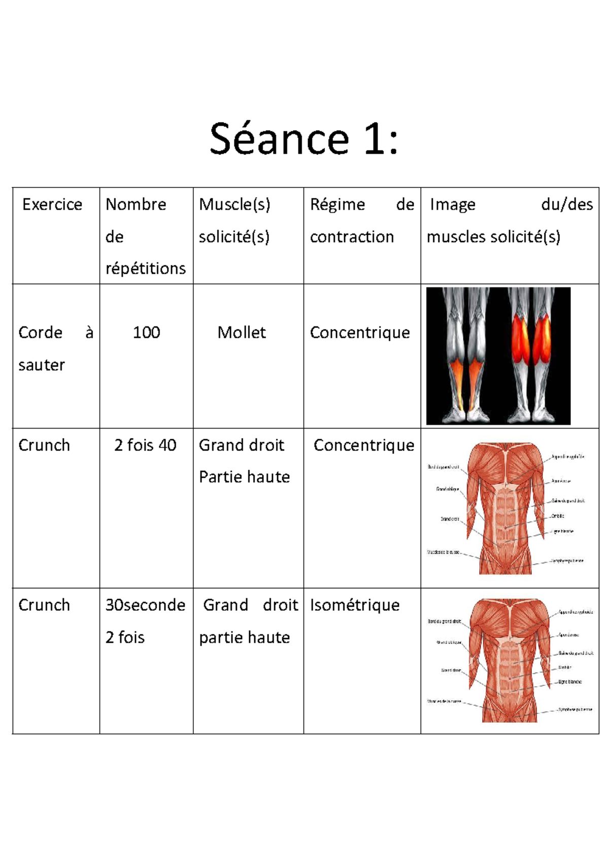 Carnet EPS - Séance 1: Exercice Nombre de répétitions Muscle(s ...