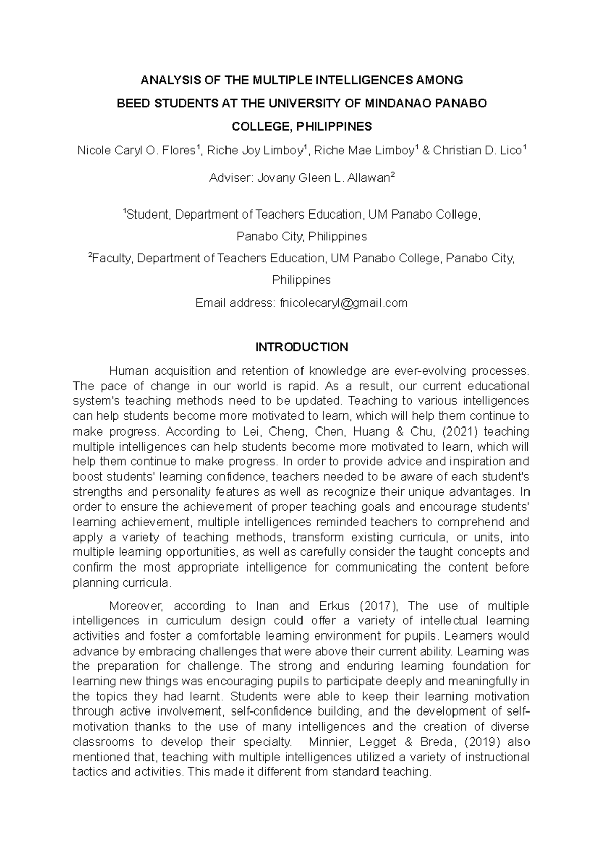 Analysis OF THE Multiple Intelligences Among BEED Students(final intro ...