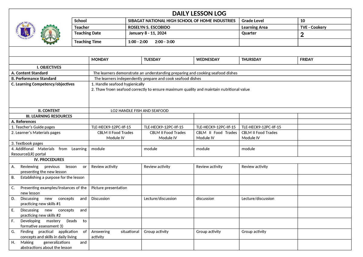 Dll-seafood-LO2 - NAVVV - DAILY LESSON LOG MONDAY TUESDAY WEDNESDAY ...