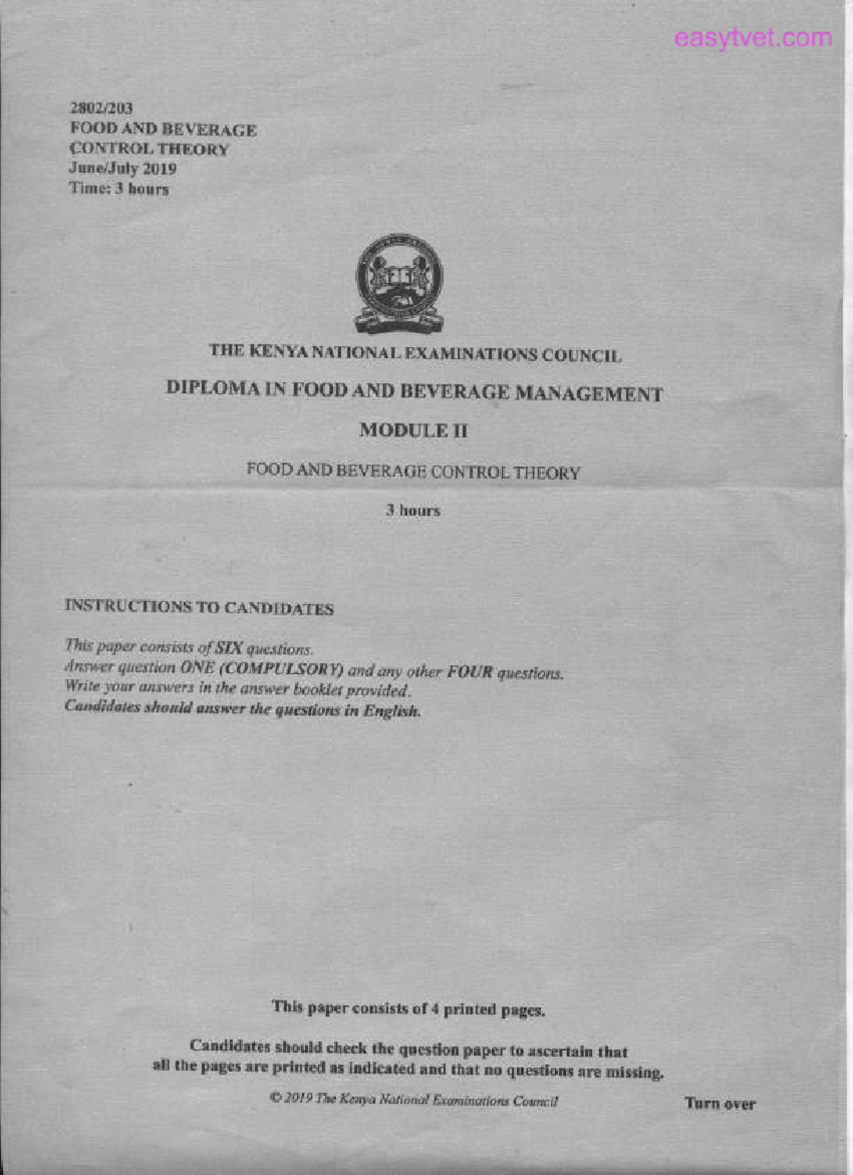 2019 july KNEC Food and beverages production sales and service