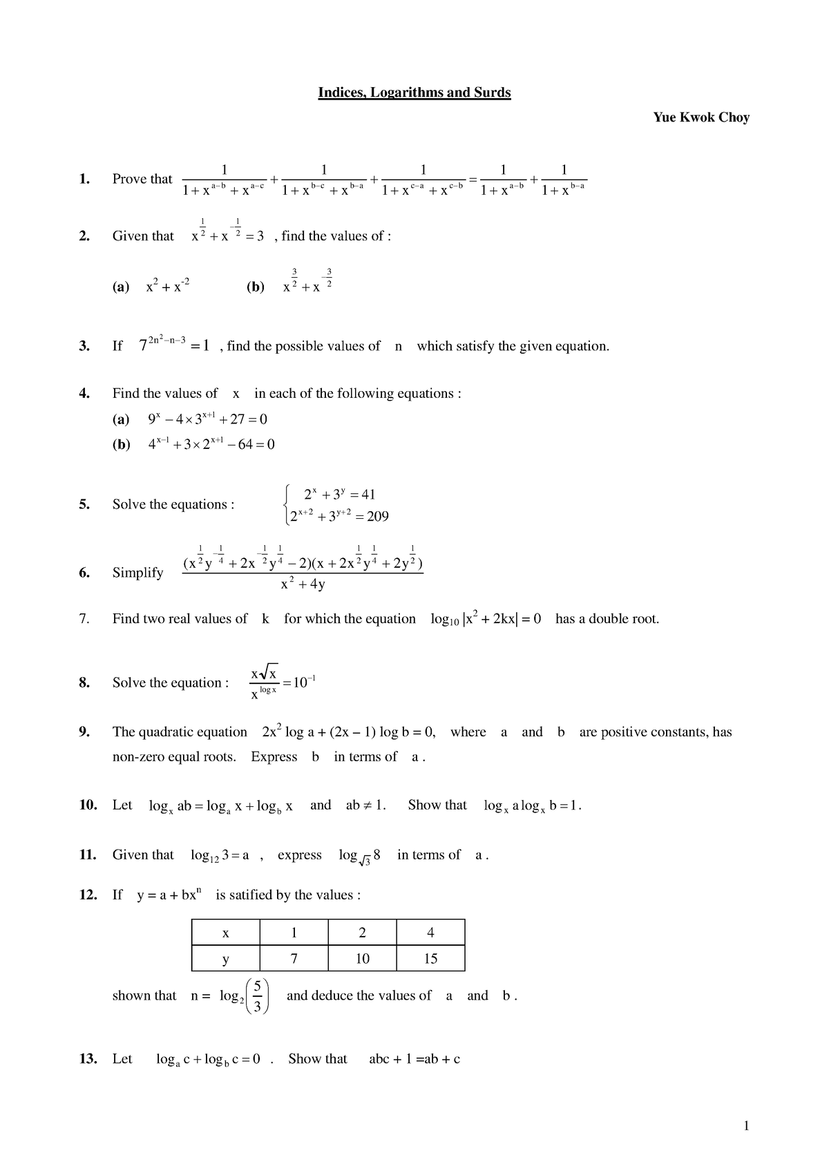 Indices Logarithms Surds Questions - Indices, Logarithms And Surds Yue ...