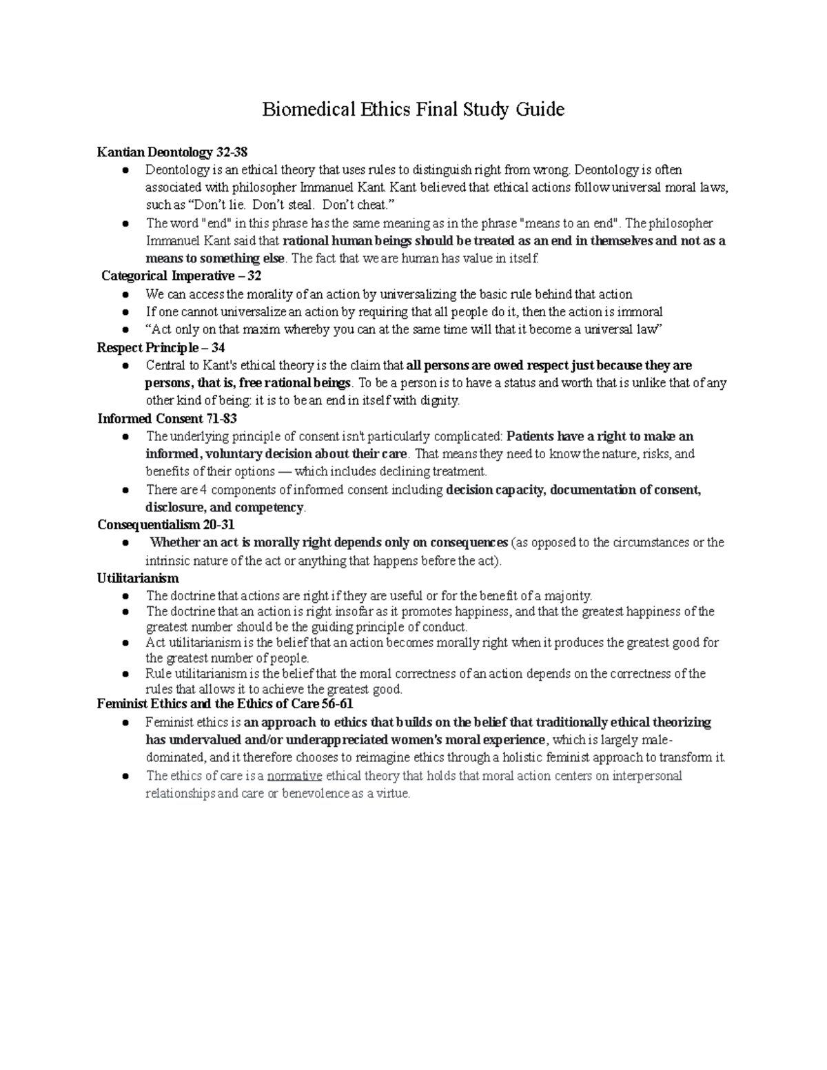 Bio-Medical Ethics Final Study Guide - Biomedical Ethics Final Study ...