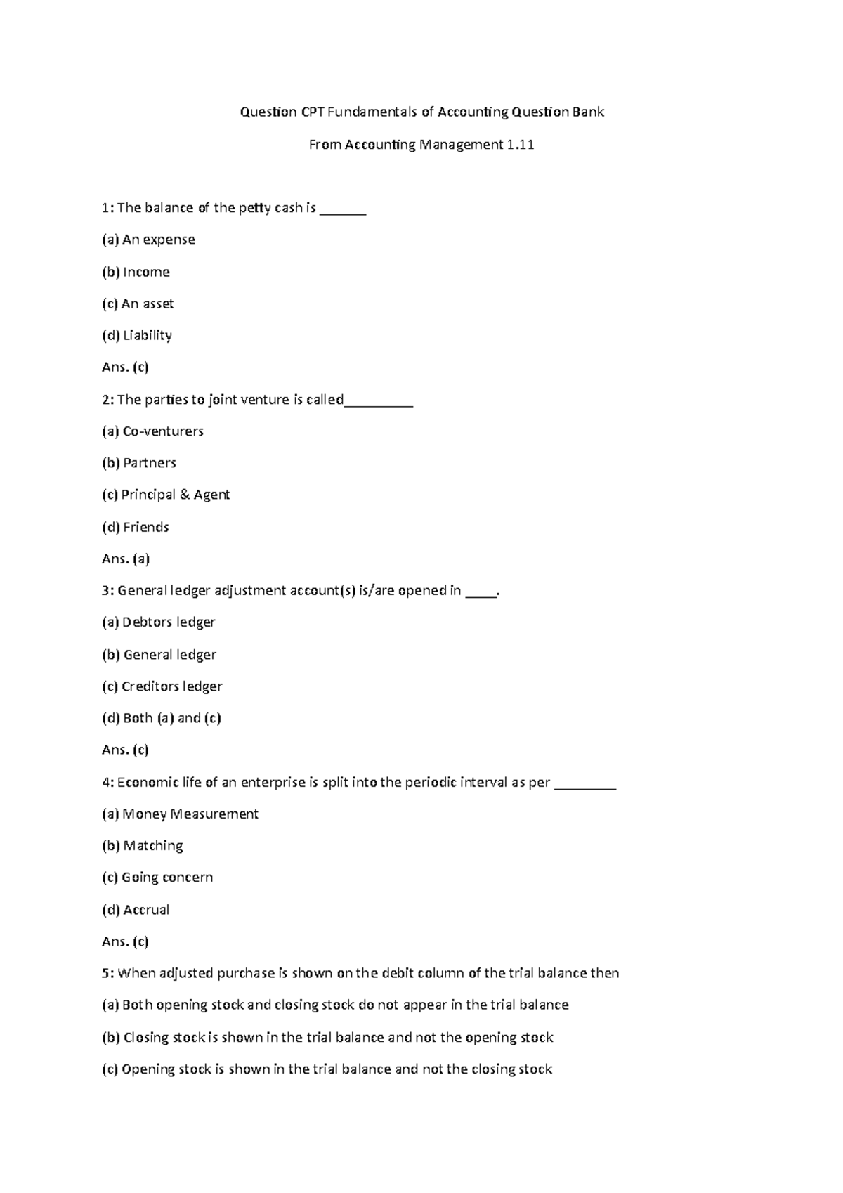 Question CPT Fundamentals of Accounting Question Bank From Accounting