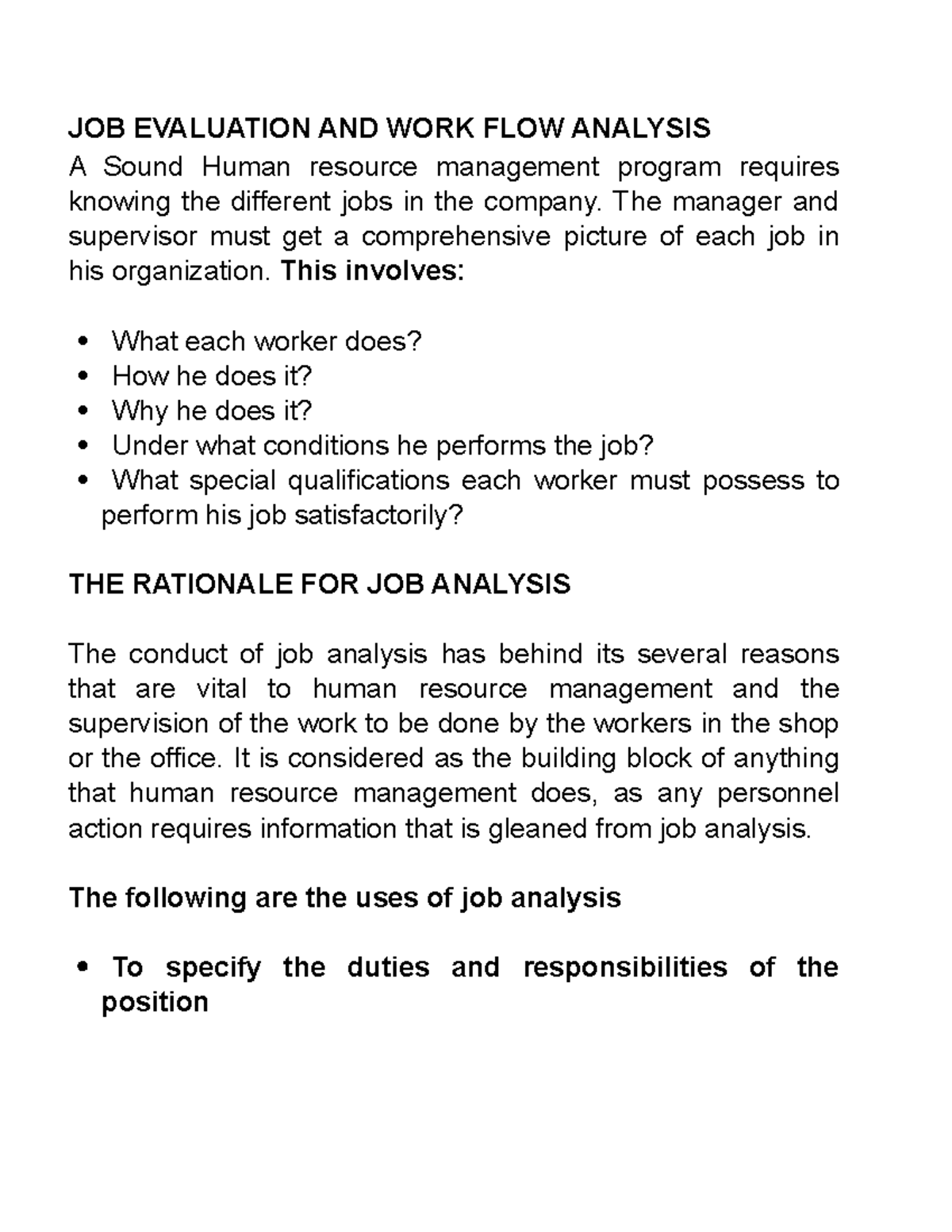 JOB Evaluation AND WORK FLOW Analysis JOB EVALUATION AND WORK FLOW