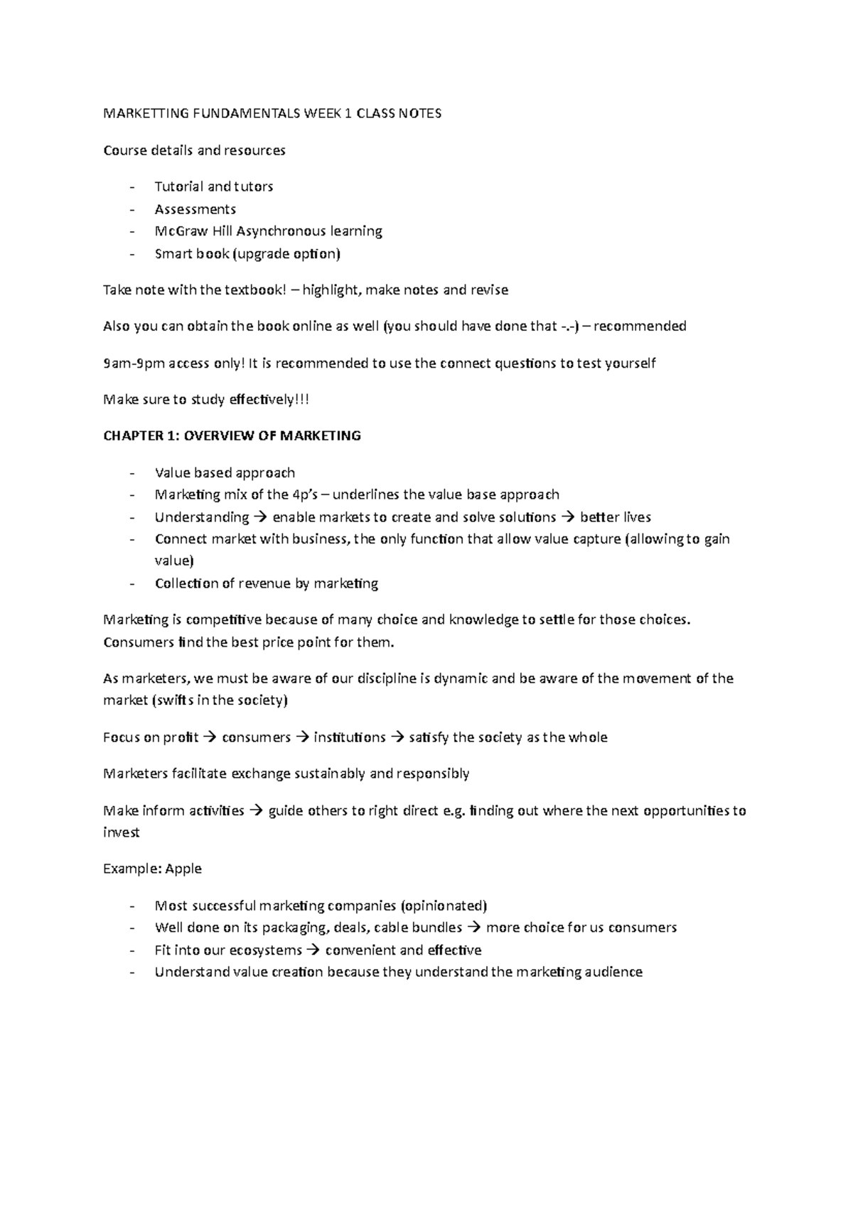 Lecture week 1 class notes - MARKETTING FUNDAMENTALS WEEK 1 CLASS NOTES ...