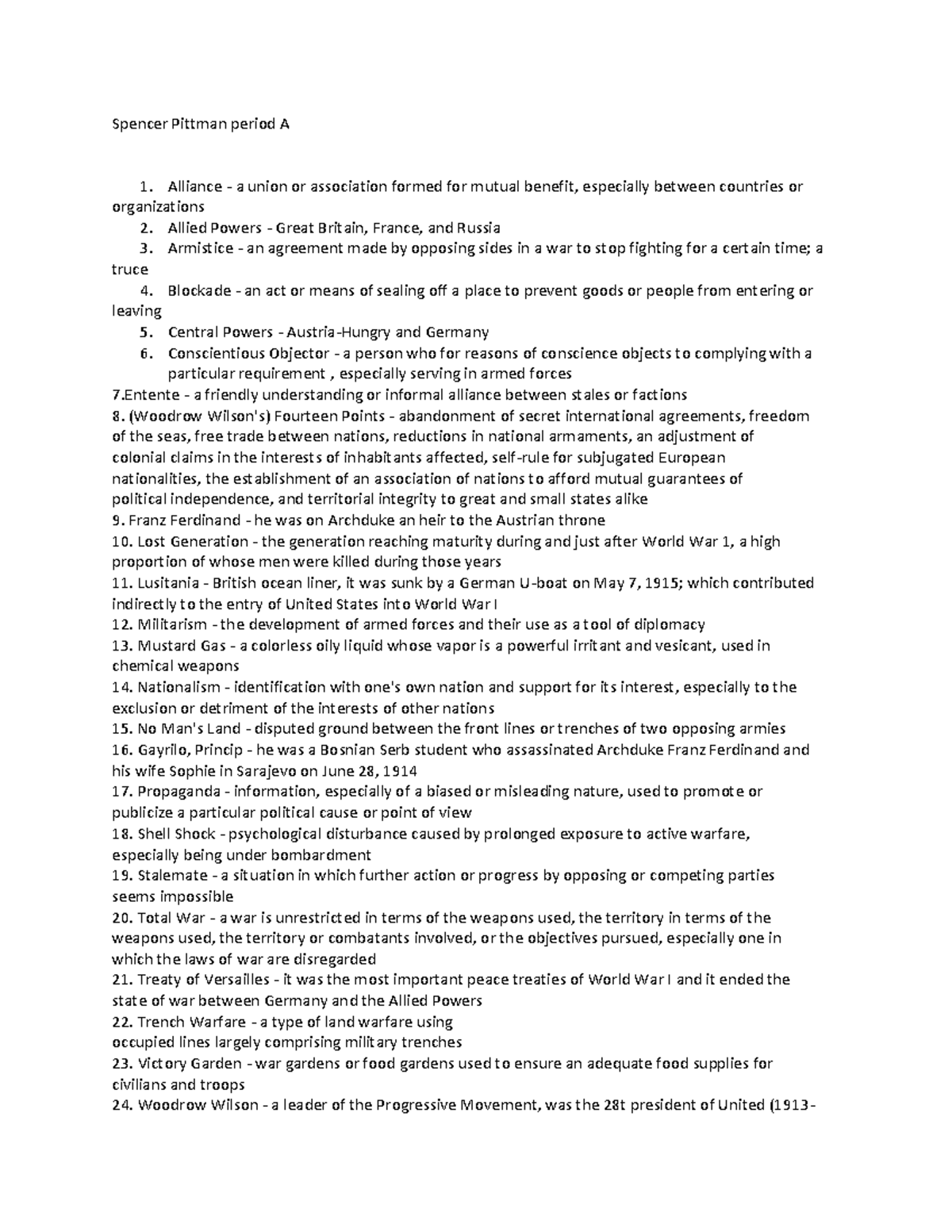 Definitions ch22 - Spencer Pittman period A Alliance - a union or ...