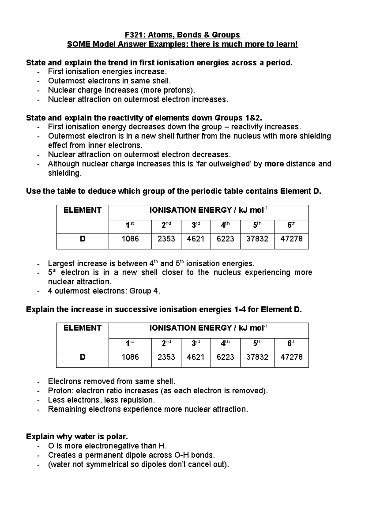 Model answers - notes - F321: Atoms, Bonds & Groups SOME Model Answer ...
