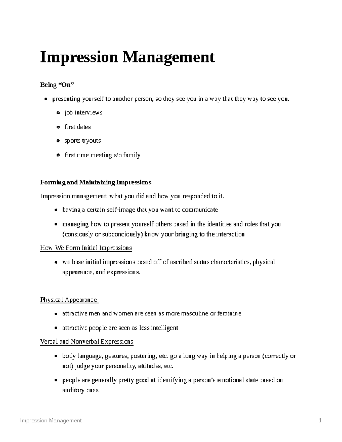 Impression Management - Impression Management Being “On” presenting ...