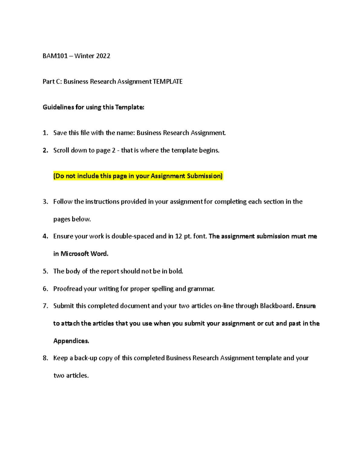 BAM101-Business Research-Template no good - BAM101 – Winter 2022 Part C ...