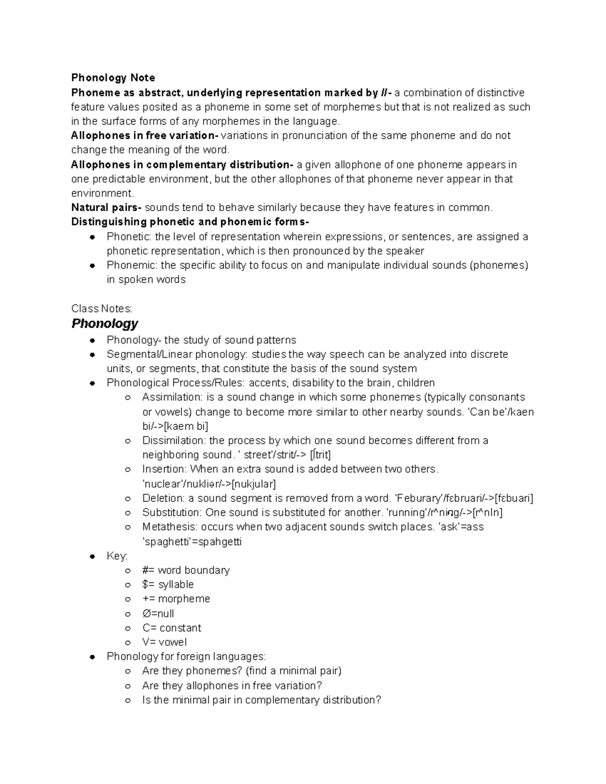 Phonology - Notes taken on the phonetics of language. - Phonology Note ...