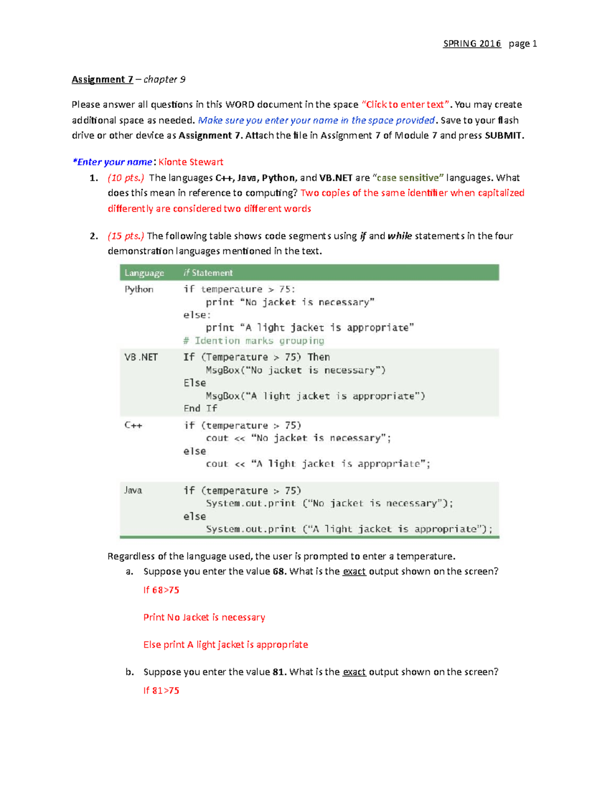 Assignment 7 Module 7 ch09 Spring 2016 - SPRING 2016 page 1 Assignment ...