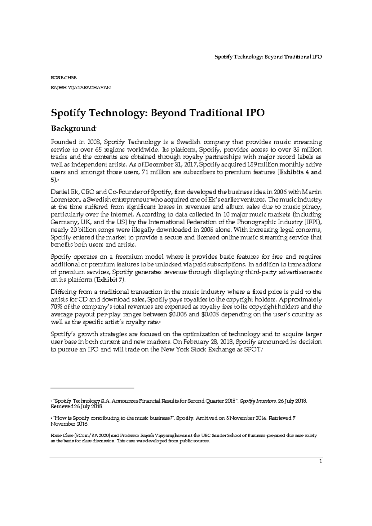 Spotify IPO Case Study - ROSIE CHEE RAJESH VIJAYARAGHAVAN Spotify ...