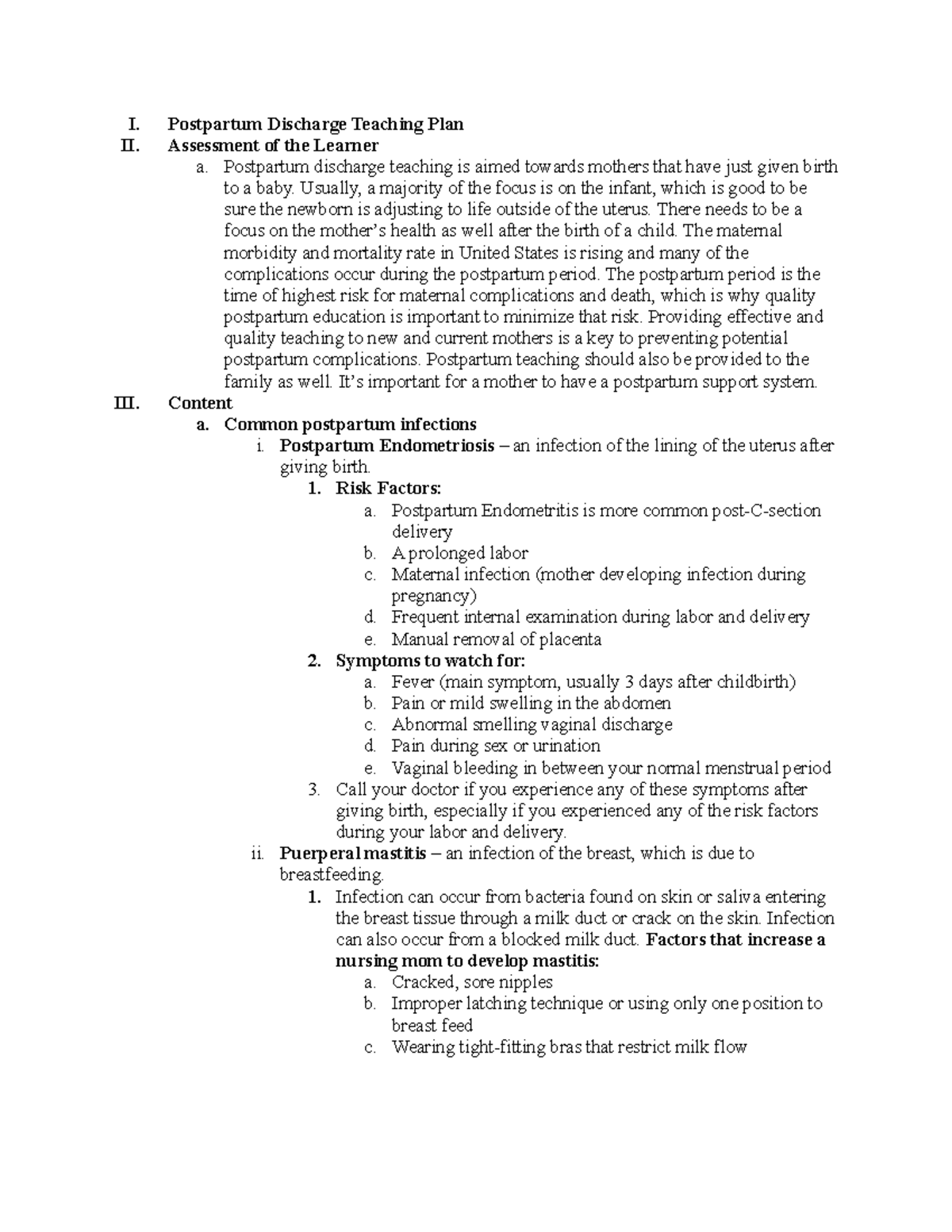 Pospartum Dischage Teaching - I. Postpartum Discharge Teaching Plan II ...