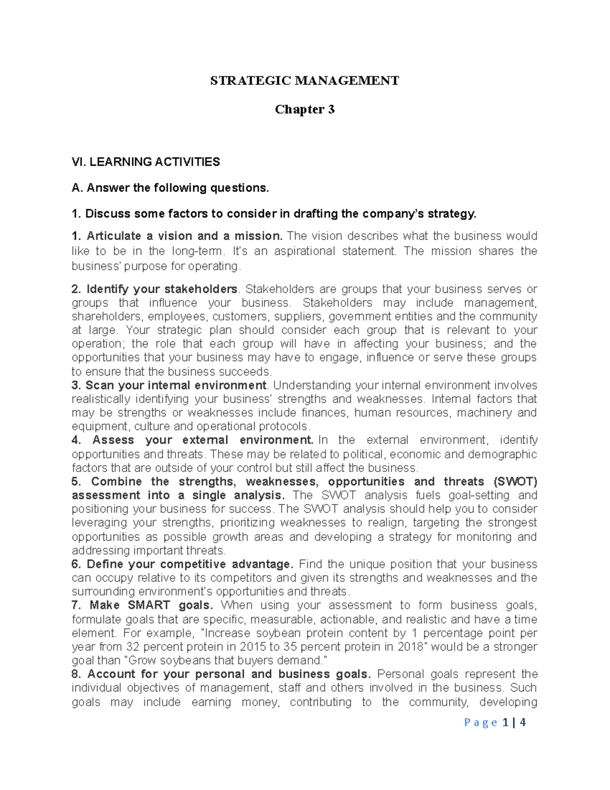 Stratigic Management 3 - STRATEGIC MANAGEMENT Chapter 3 VI. LEARNING ...