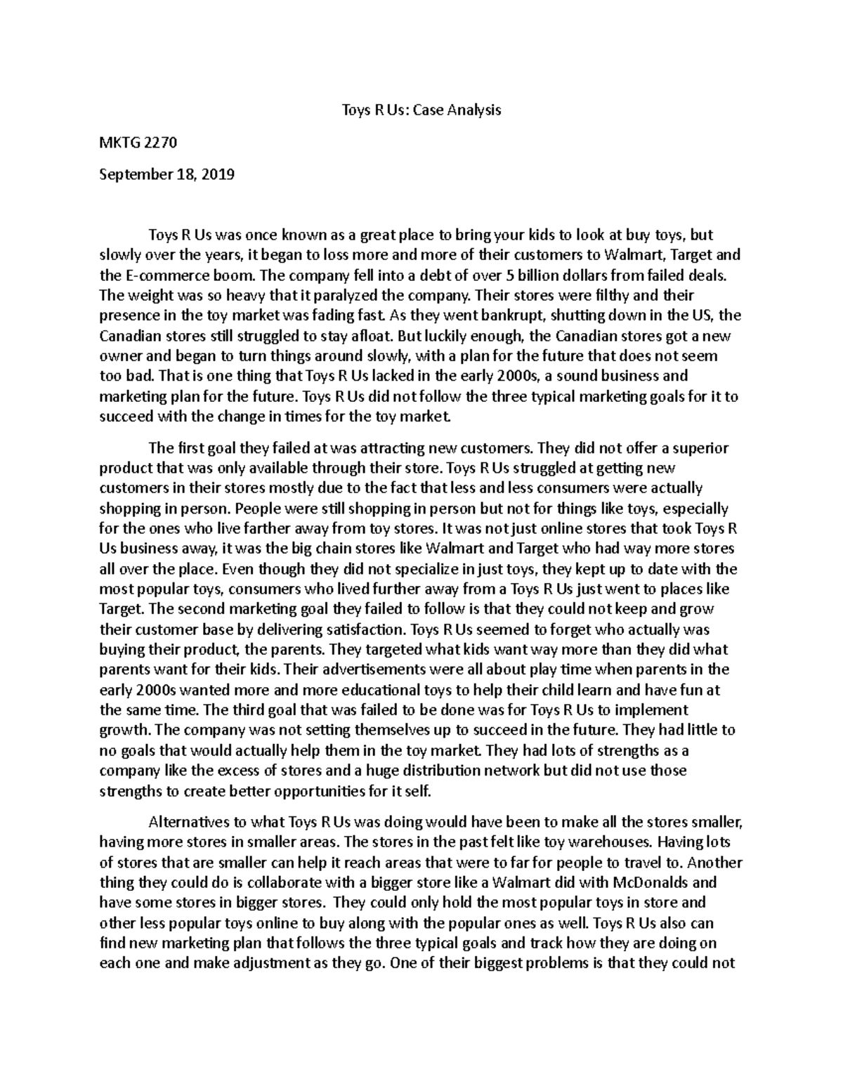 Toys R Us Grade B Toys R Us Case Analysis MKTG 2270 September 18