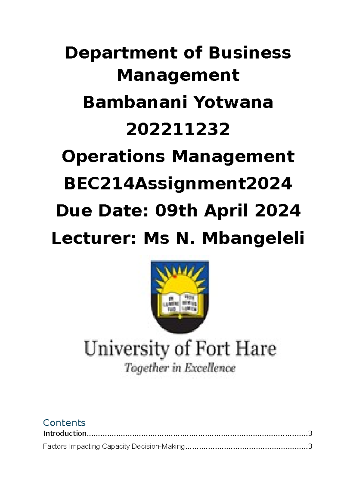 Department of Business Management. Bambanani Yotwana 202211232 ...