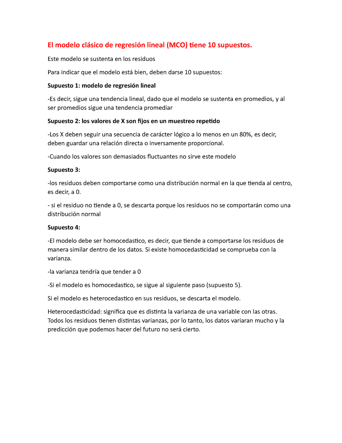 Los 10 supuestos del modelo clásico de regresión lineal (MCO) - El modelo  de lineal (MCO) tiene 10 - Studocu