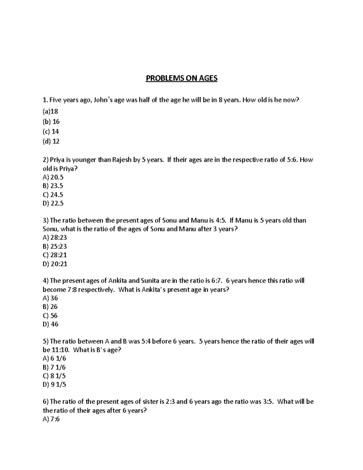Ages Calculation - PROBLEMS ON AGES Five years ago, John’s age was half ...