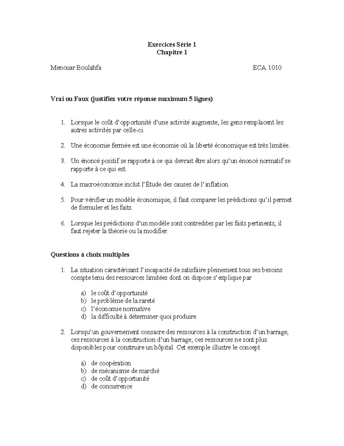 Série 1 - NOTES DE COURS ET TRAVAUX PRATIQUES - Exercices Série 1 ...