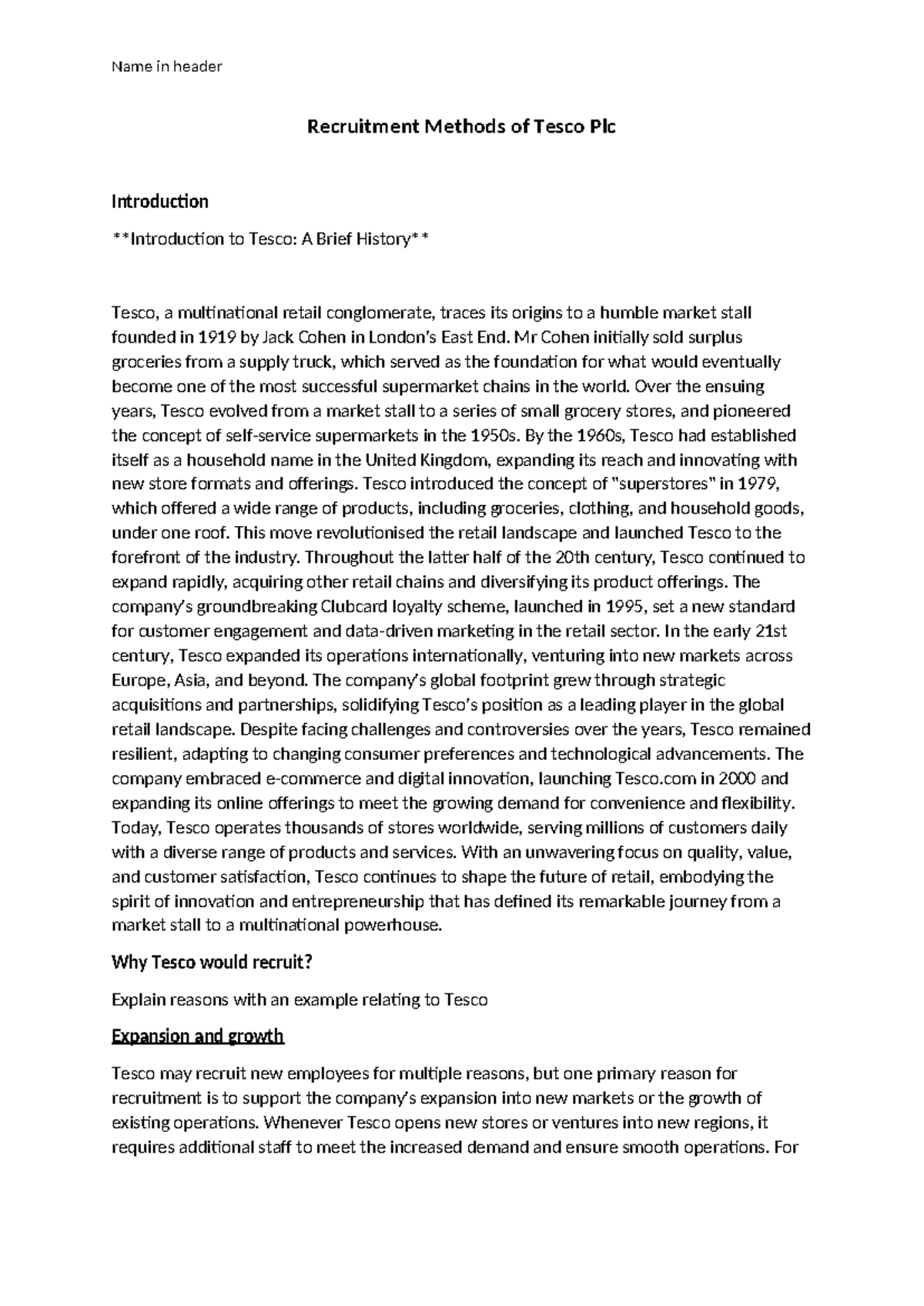 Recruitment Methods of Tesco Plc Report - Recruitment Methods of Tesco ...