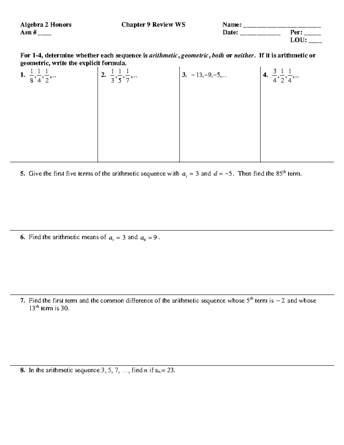 WS Rev Ch9 2021-1 - Homework science - Algebra 2 Honors Chapter 9 ...