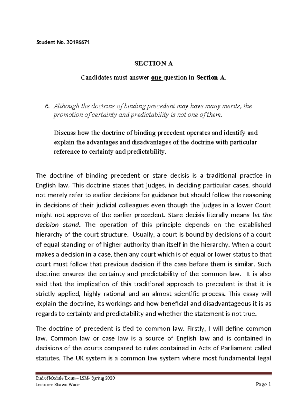 2019 6671 Precedent essay and LSM Mock - Student No. 20196671 SECTION A ...