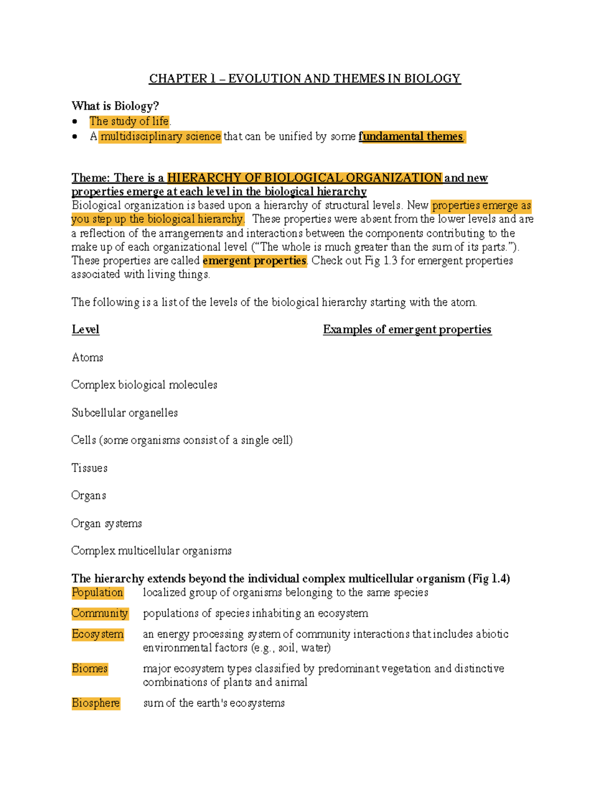 Chap 1 Notes - Intro to Biology - CHAPTER 1 – EVOLUTION AND THEMES IN ...