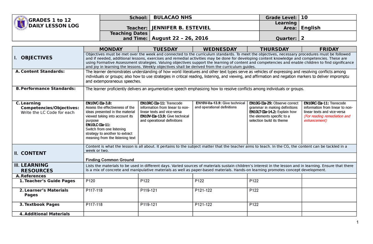 Dll- english 10 2nd-4thq SY 2023-2024 - GRADES 1 to 12 DAILY LESSON LOG ...