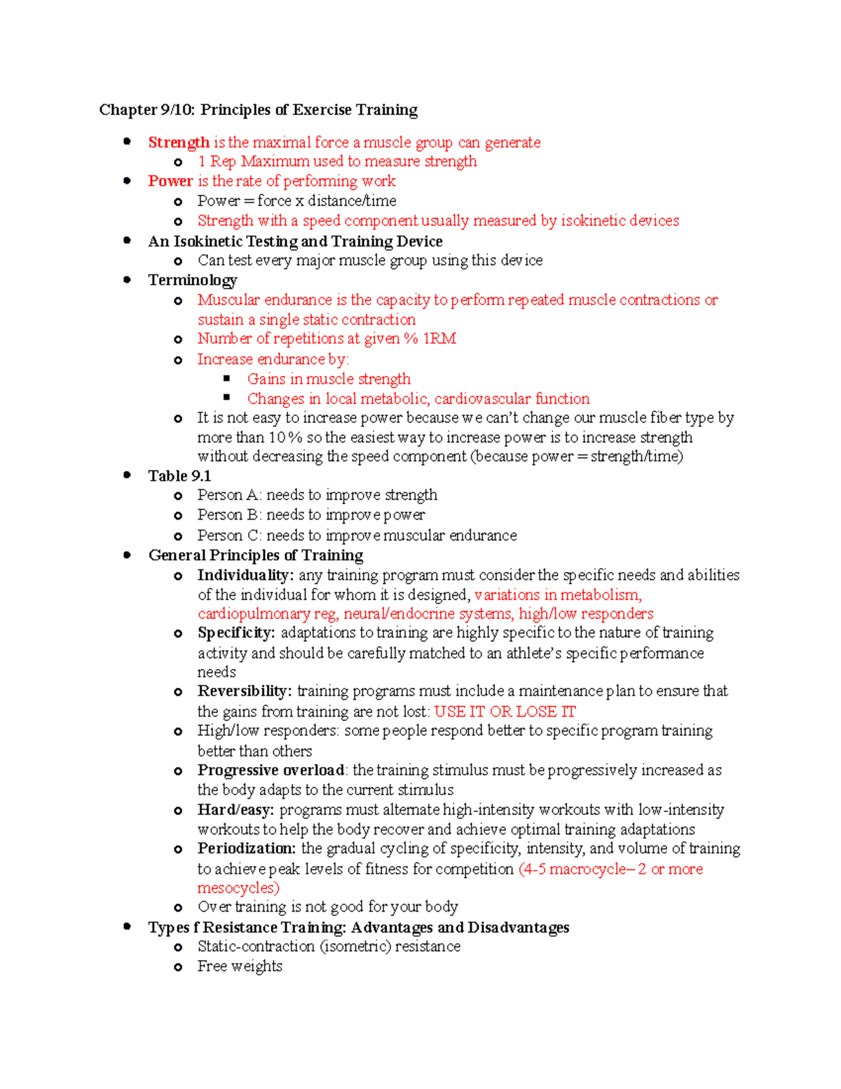 Chapter 9 10 - Lecture notes 9 - Chapter 9/10: Principles of Exercise ...