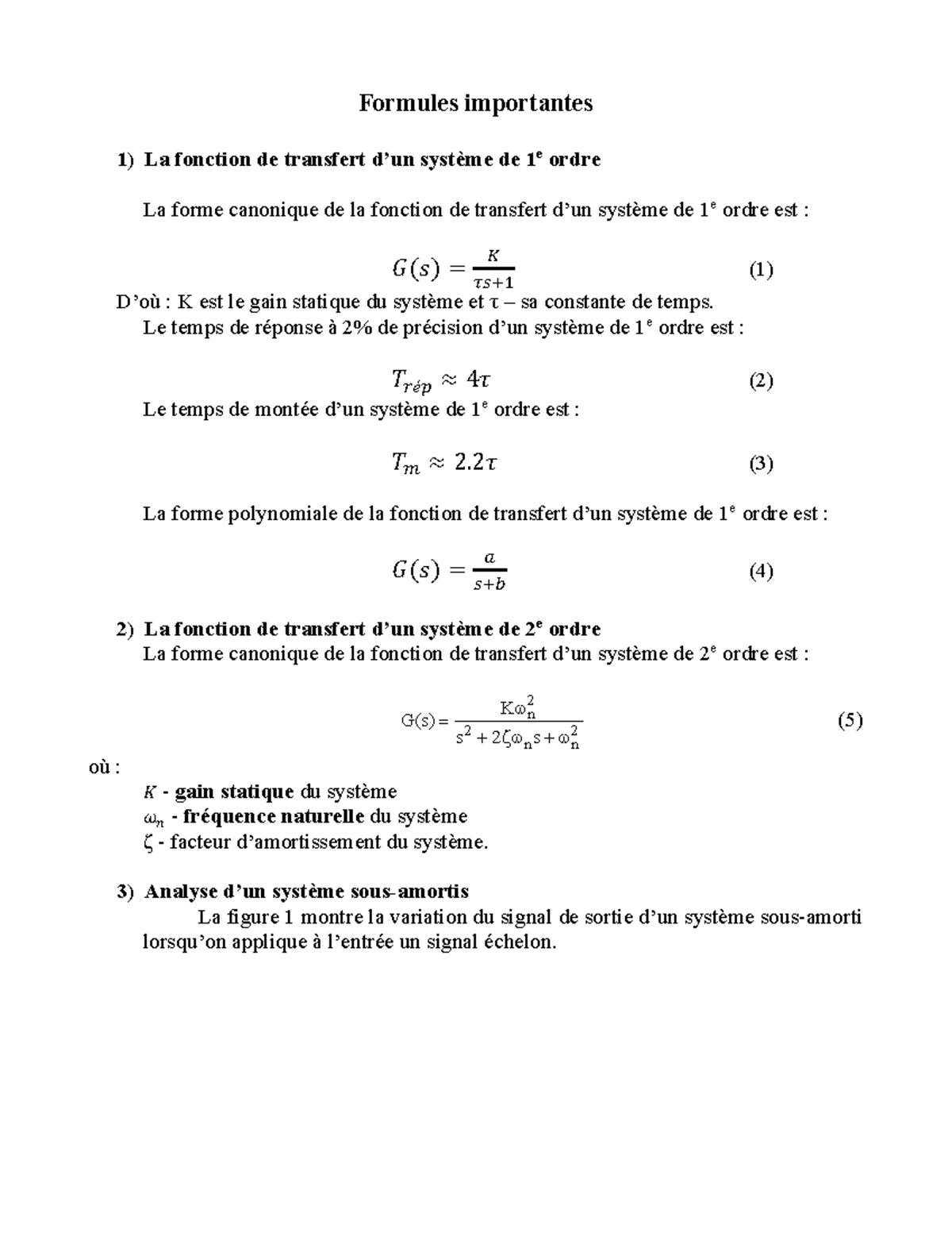 GPA535 : Formules importantes_Fonction de transfert 1er et 2ieme ordres ...
