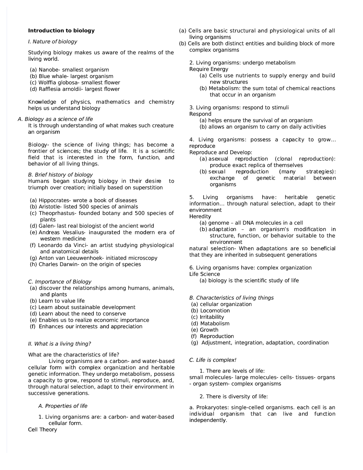 Biology Lecture Notes - Introduction To BiologyIntroduction To Biology ...