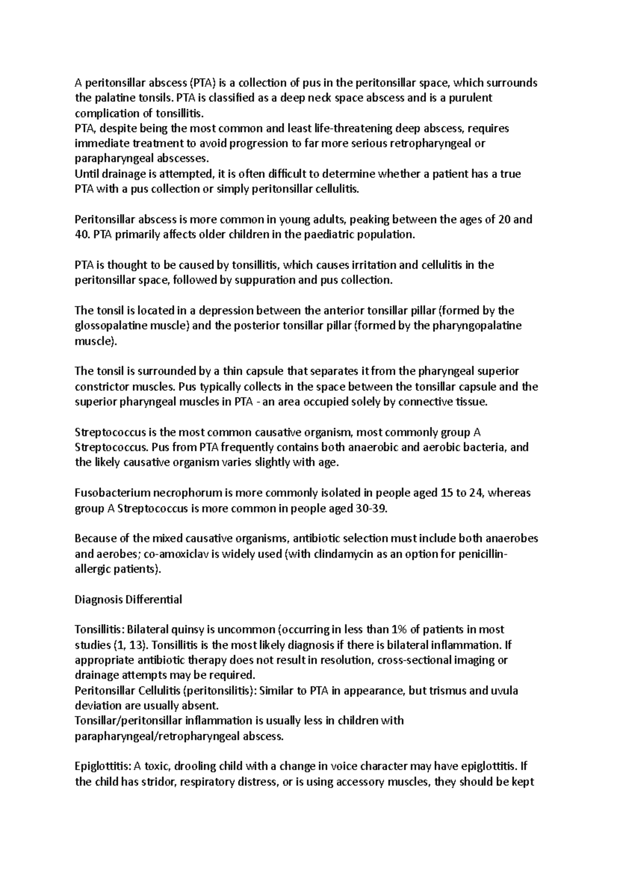 Peritonsillar abscess - PTA is classified as a deep neck space abscess ...