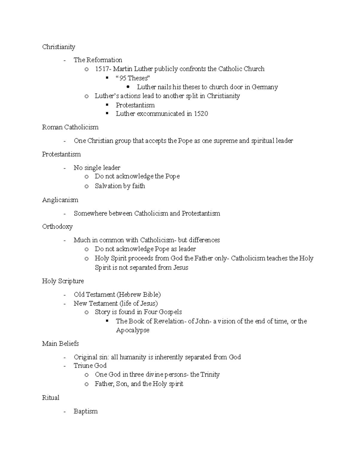 Christianity notes - Christianity The Reformation o 1517- Martin Luther ...